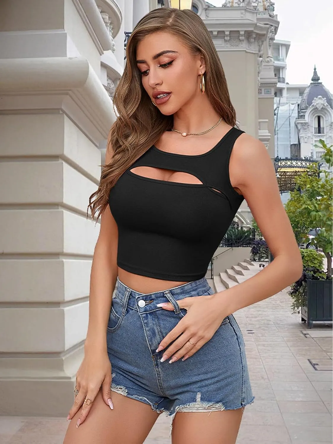 V FOR CITY Crop Tops for Women Front Cutout Cropped Tank Summer Sleeveless Cotton Cami Shirts