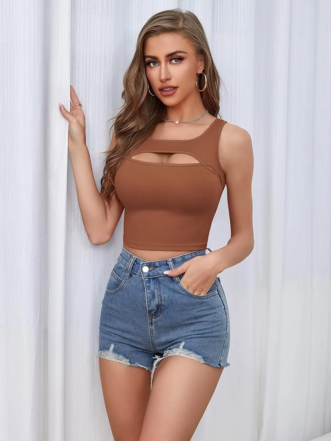 V FOR CITY Crop Tops for Women Front Cutout Cropped Tank Summer Sleeveless Cotton Cami Shirts