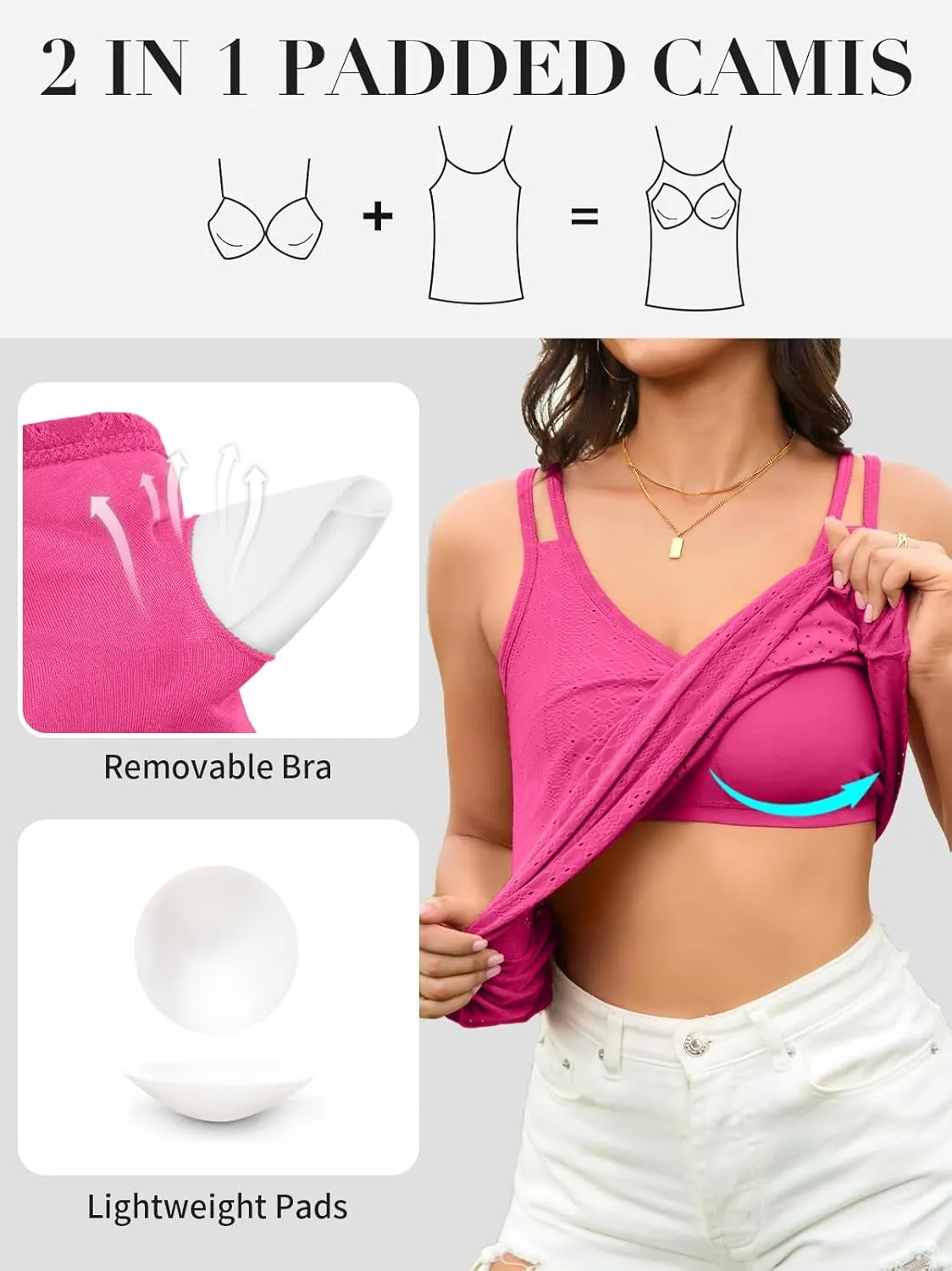 V FOR CITY Womens Tank Tops with Built-in Bra Flowy Eyelet Embroidery V Neck Camisole Adjustable Spaghetti Strap Camis Shirts