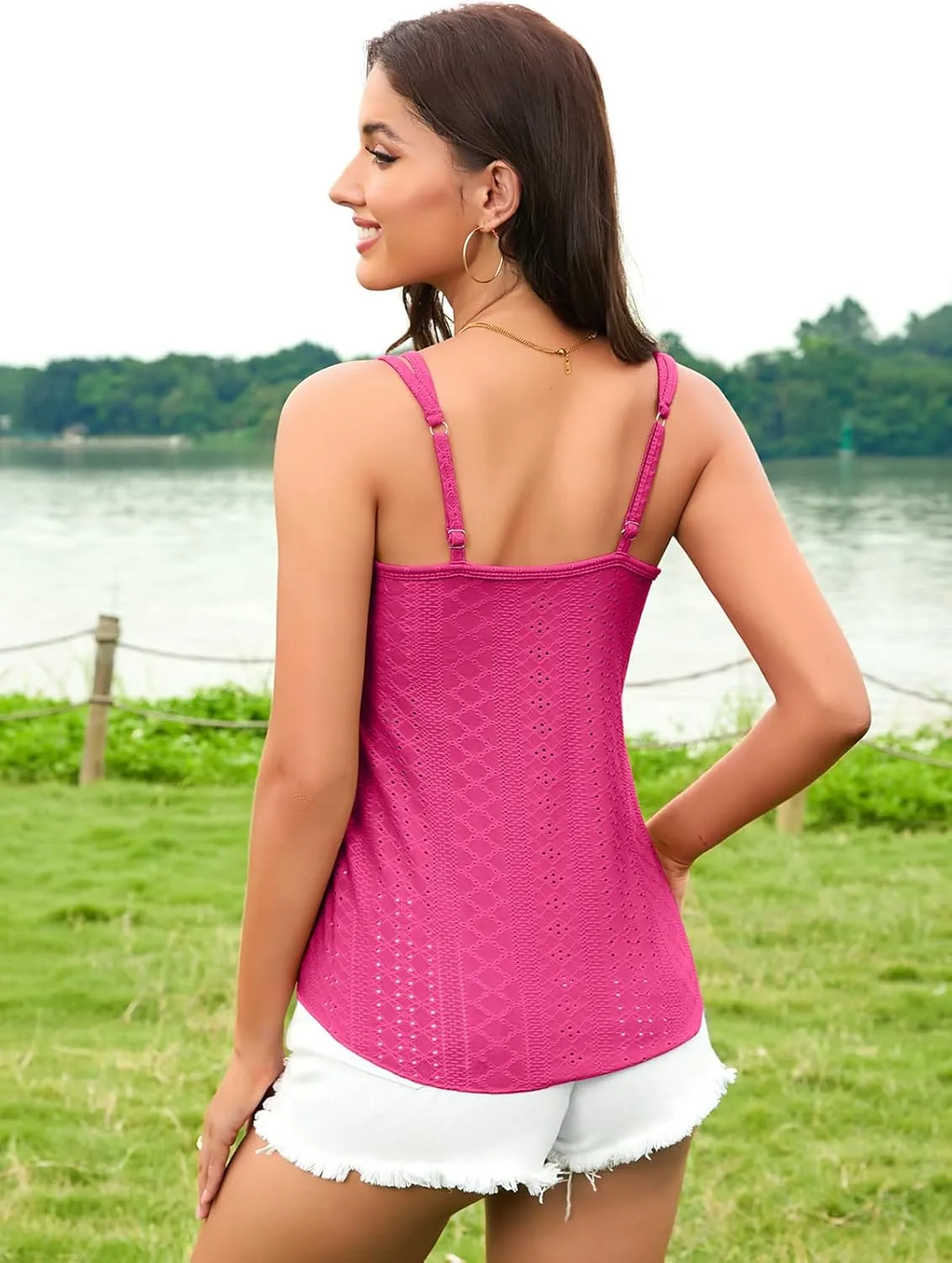 V FOR CITY Womens Tank Tops with Built-in Bra Flowy Eyelet Embroidery V Neck Camisole Adjustable Spaghetti Strap Camis Shirts