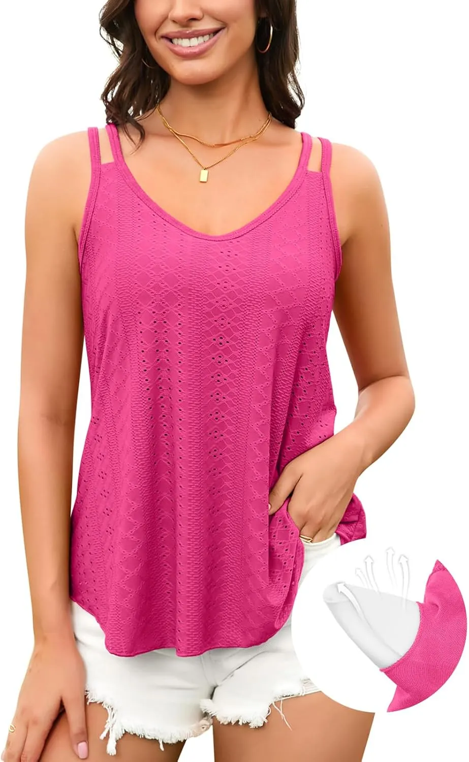 V FOR CITY Womens Tank Tops with Built-in Bra Flowy Eyelet Embroidery V Neck Camisole Adjustable Spaghetti Strap Camis Shirts