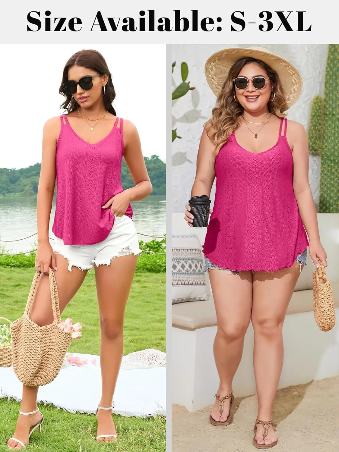V FOR CITY Womens Tank Tops with Built-in Bra Flowy Eyelet Embroidery V Neck Camisole Adjustable Spaghetti Strap Camis Shirts