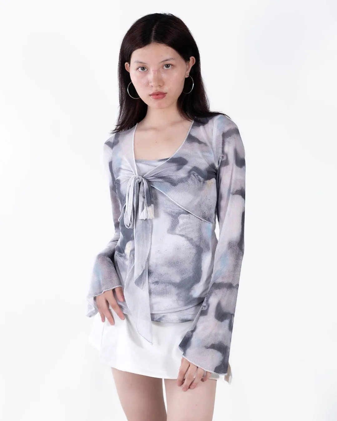 V Neck Front Knot Spring Summer Tie Dye Flare Long Sleeve Top