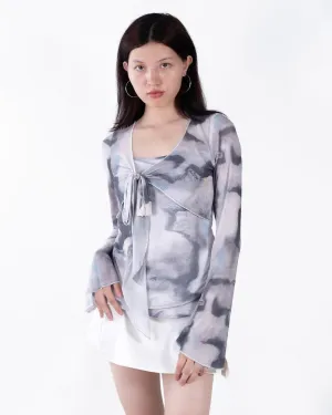 V Neck Front Knot Spring Summer Tie Dye Flare Long Sleeve Top