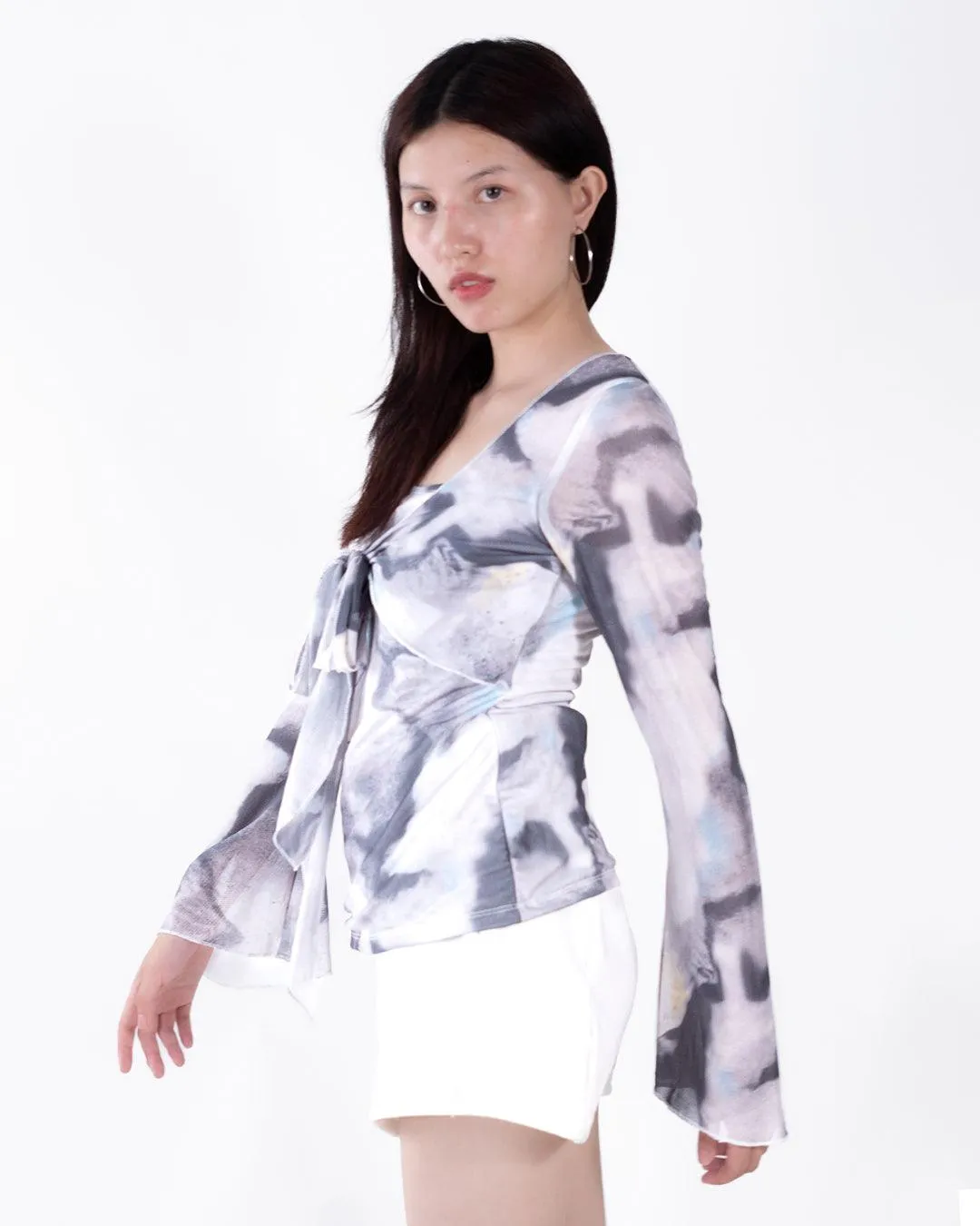 V Neck Front Knot Spring Summer Tie Dye Flare Long Sleeve Top
