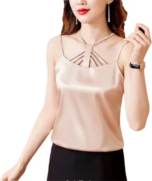 V-Neck Sexy Lace Sleeveless Suspended Tank Top Women Elegant Backless Casual Satin Camisole Vest Basic Clothing