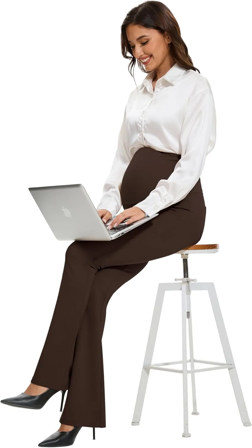VIMPEP Womens Boot Cut Leg Maternity Yoga Pants High Waist Over The Belly Pregnancy Dress Pants Petite/Regular Pockets 3102