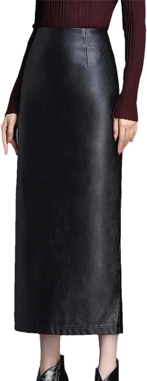 Vogrtcc Fall Winter Women High Waist Work PU Leather Skirts Ankle-Length Office Casual Pencil Skirt