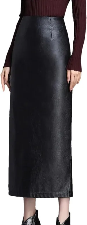 Vogrtcc Fall Winter Women High Waist Work PU Leather Skirts Ankle-Length Office Casual Pencil Skirt