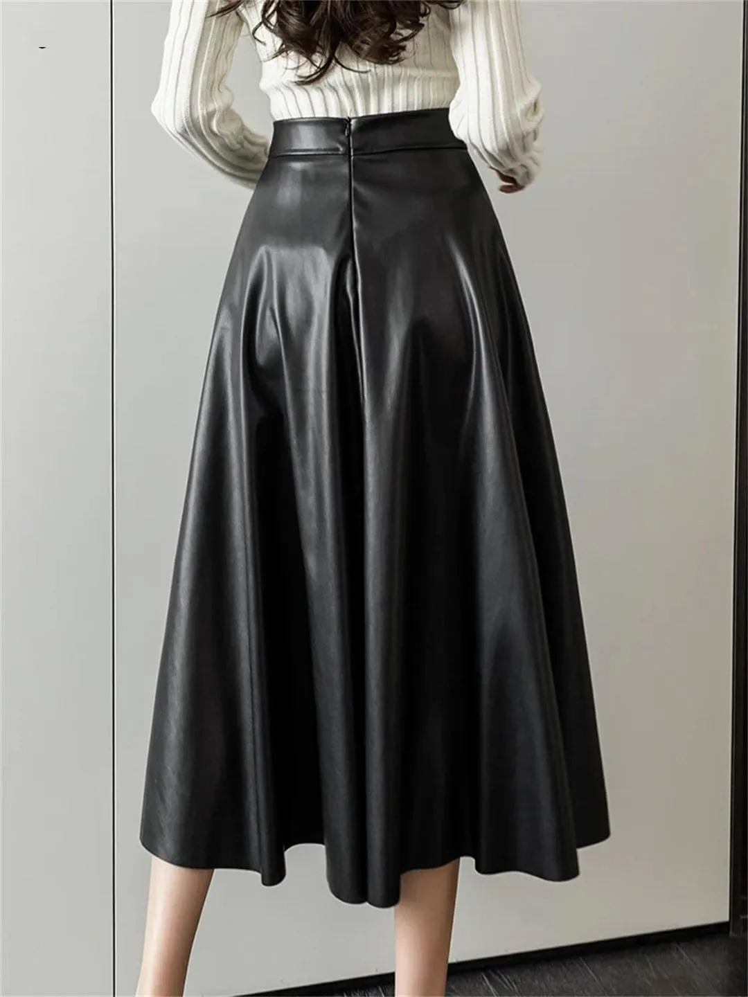 Vogrtcc Women Hihg Waist A-Line Leather Skirts Back Zipper PU Skirts Streetwear Midi Length Pleated Skirt