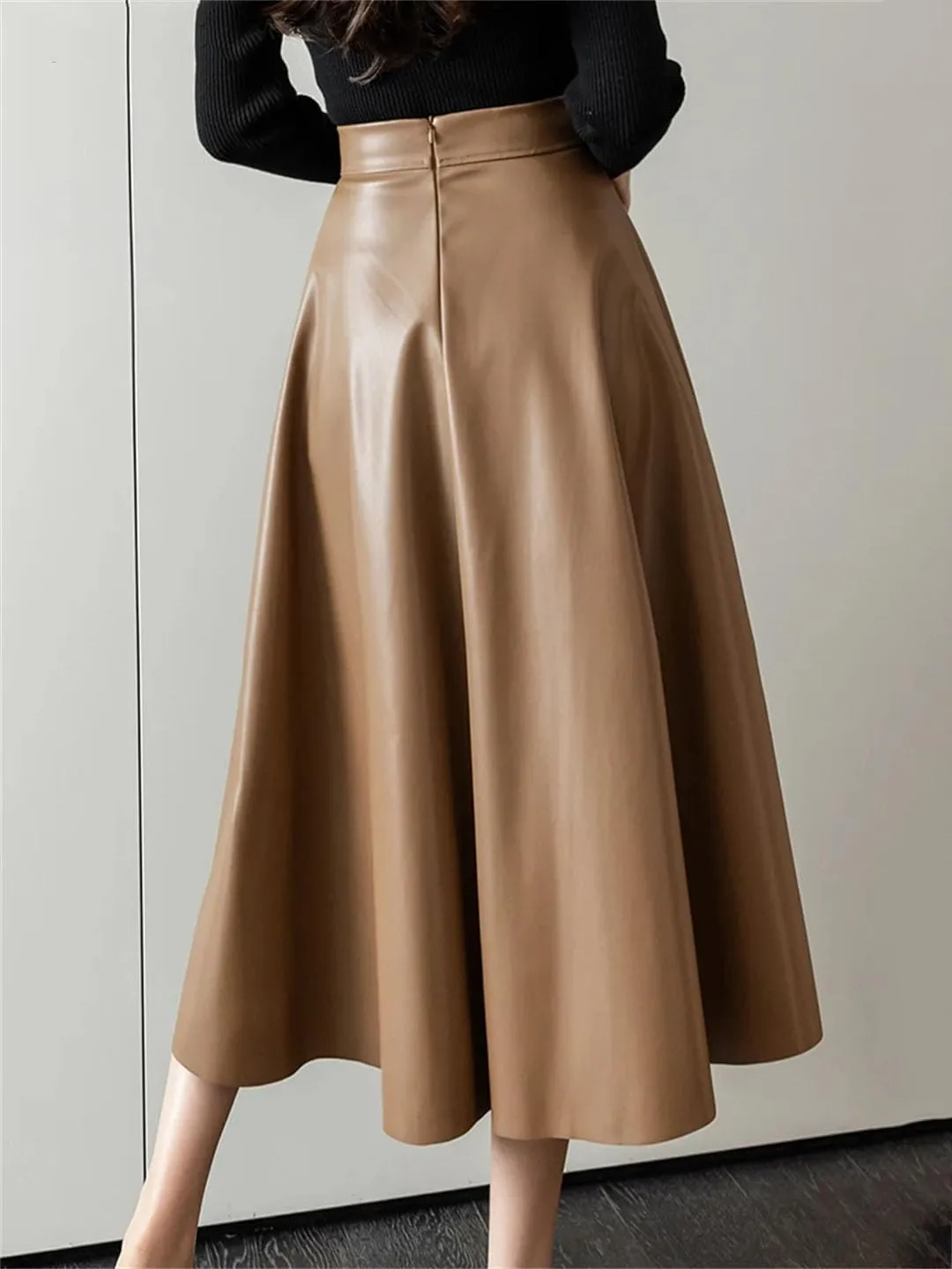 Vogrtcc Women Hihg Waist A-Line Leather Skirts Back Zipper PU Skirts Streetwear Midi Length Pleated Skirt