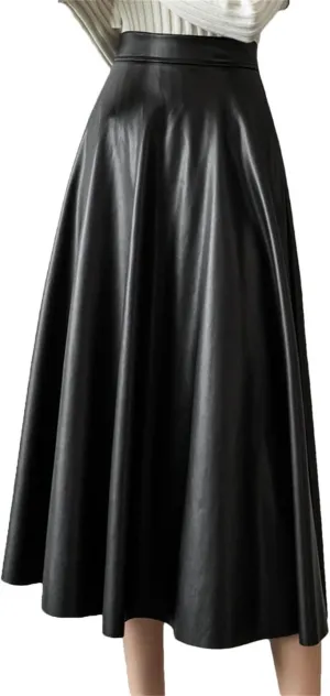 Vogrtcc Women Hihg Waist A-Line Leather Skirts Back Zipper PU Skirts Streetwear Midi Length Pleated Skirt