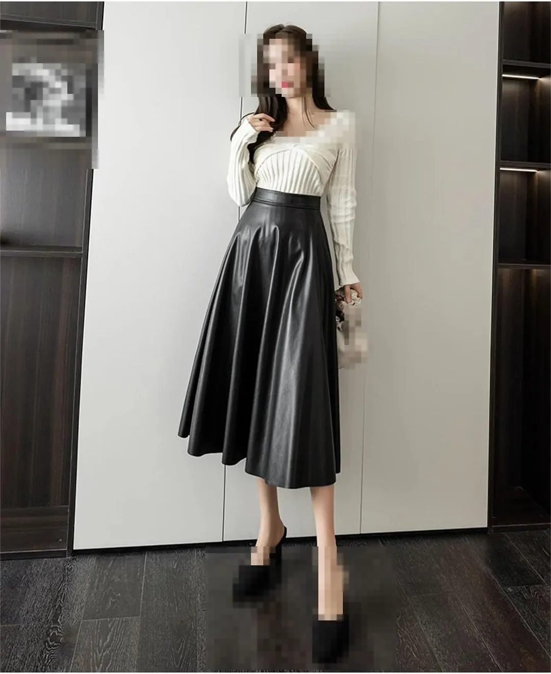 Vogrtcc Women Hihg Waist A-Line Leather Skirts Back Zipper PU Skirts Streetwear Midi Length Pleated Skirt