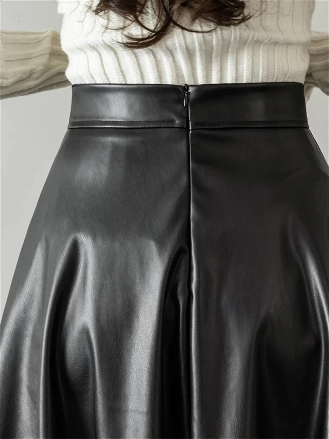 Vogrtcc Women Hihg Waist A-Line Leather Skirts Back Zipper PU Skirts Streetwear Midi Length Pleated Skirt