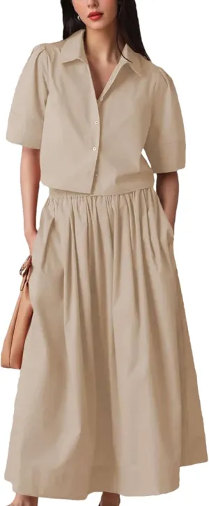 Wanzetaly Womens 2 Piece Outfits Summer Skirt Set Button Short Sleeve Tops and Maxi Skirt Dress Sets with Pockets