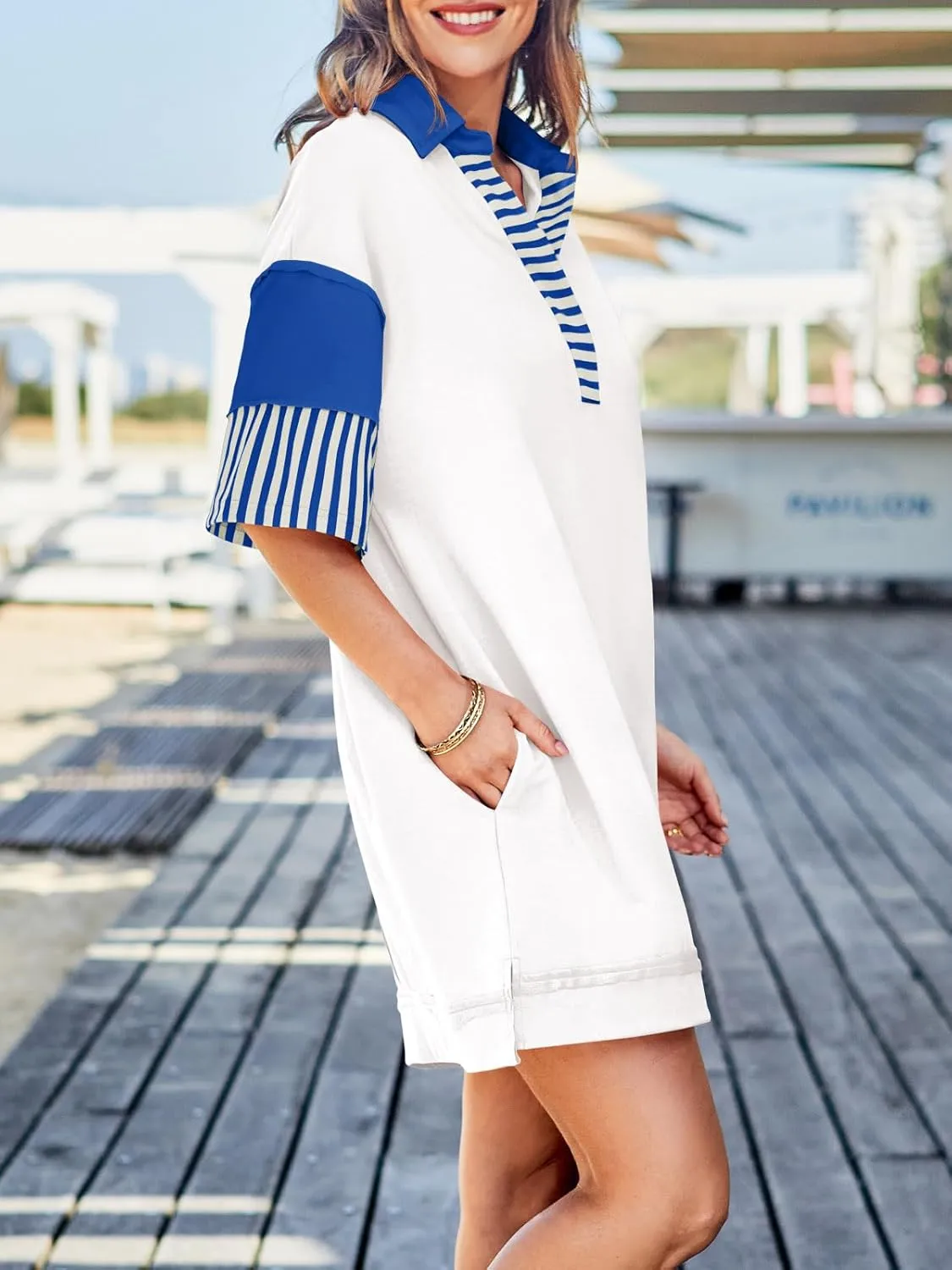 Wenrine Women's Polo V Neck T Shirt Dress Casual Summer Oversized Color Block Short Sleeve Sweatshirt Mini Dresses