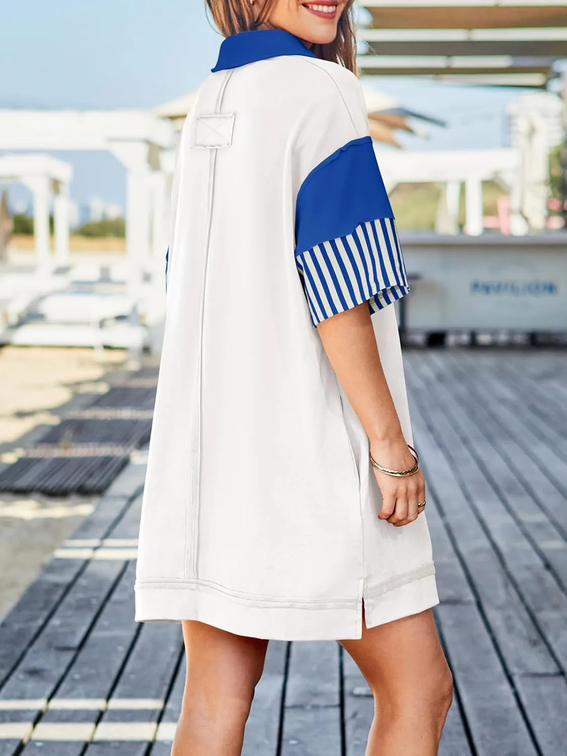 Wenrine Women's Polo V Neck T Shirt Dress Casual Summer Oversized Color Block Short Sleeve Sweatshirt Mini Dresses