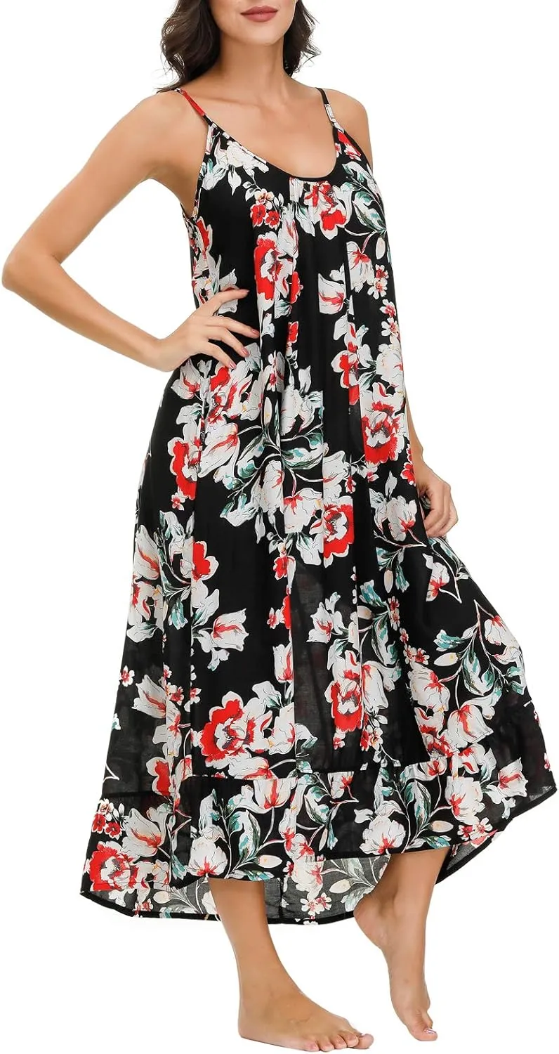 wexcen Women's V-Neck Floral Print Spaghetti Strap Boho Beach Long Maxi Summer Casual Dress with Pockets