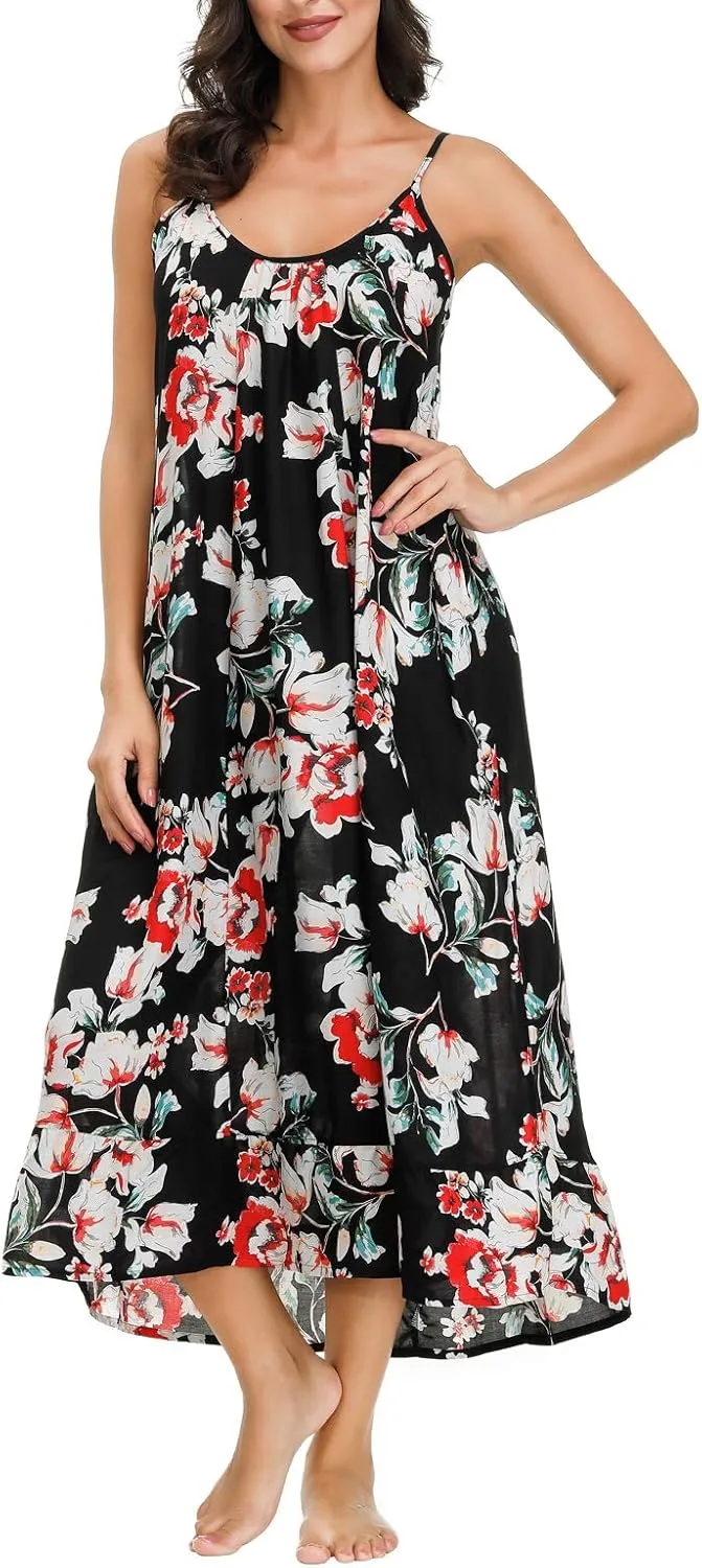 wexcen Women's V-Neck Floral Print Spaghetti Strap Boho Beach Long Maxi Summer Casual Dress with Pockets