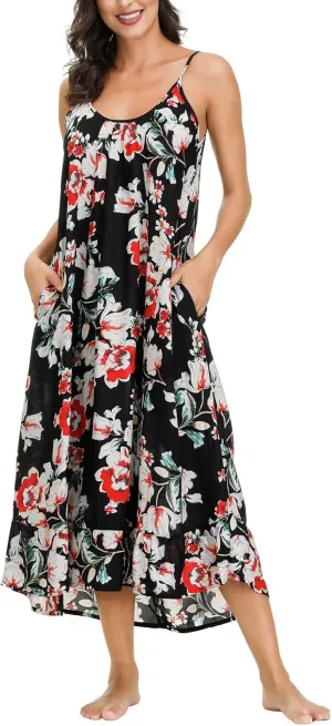 wexcen Women's V-Neck Floral Print Spaghetti Strap Boho Beach Long Maxi Summer Casual Dress with Pockets