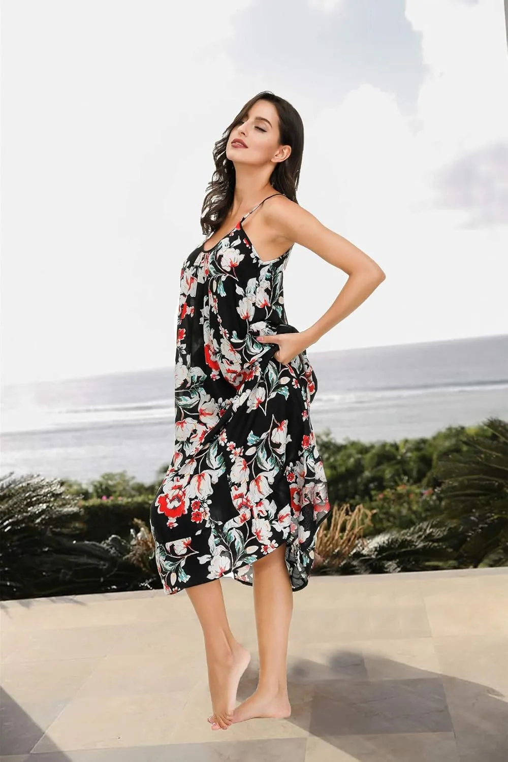 wexcen Women's V-Neck Floral Print Spaghetti Strap Boho Beach Long Maxi Summer Casual Dress with Pockets