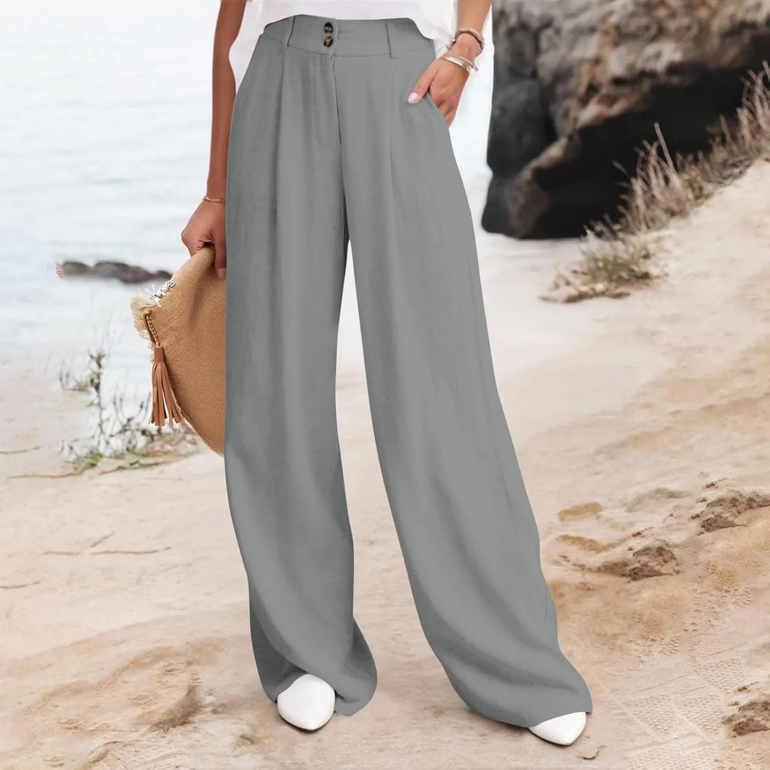 Wide Leg Pants Woman Trendy High Waisted Plain Linen Pants Business Work Dress Pant Flowy Palazzo Pant 2025