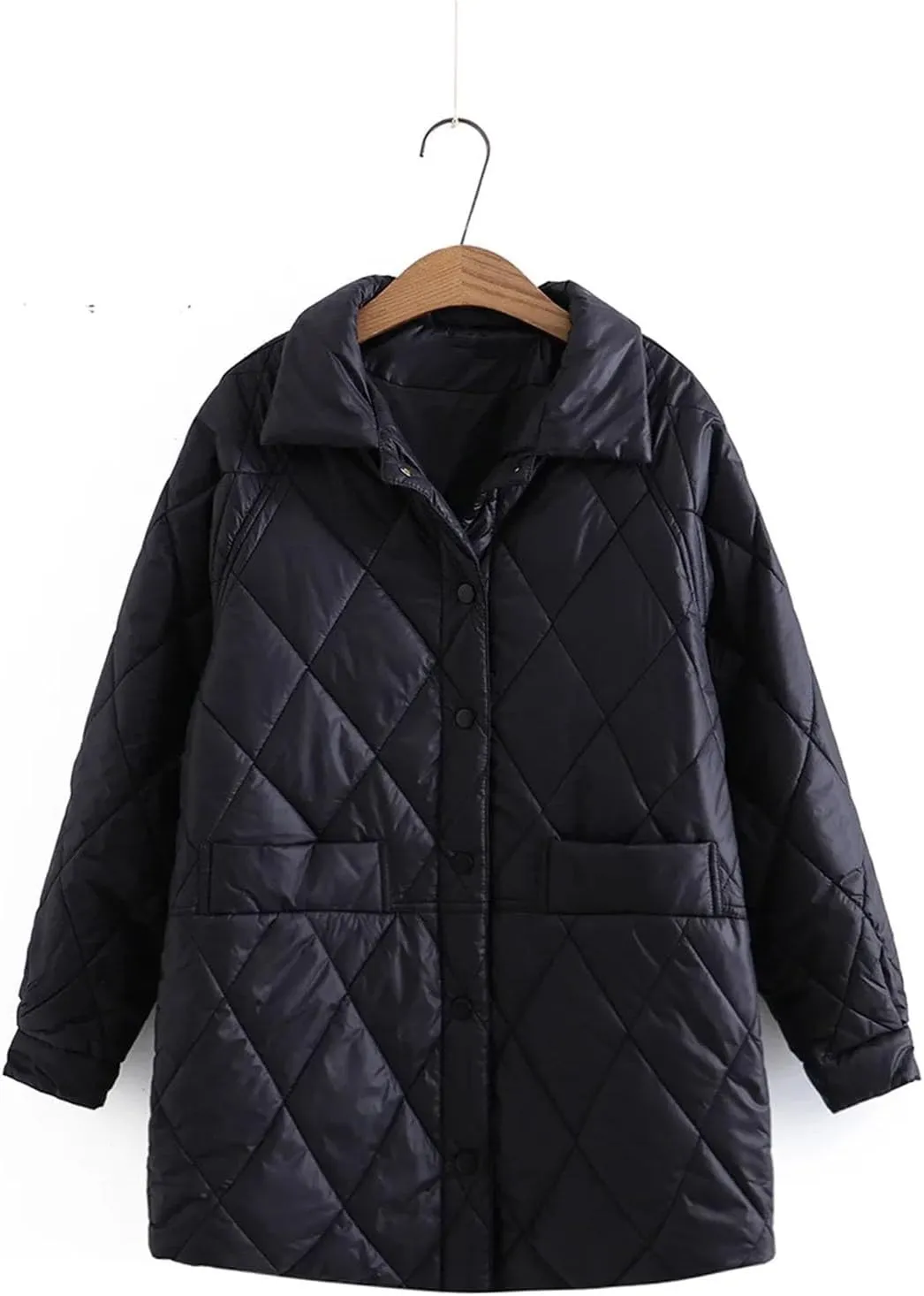Women Autumn Winter Cotton Padded Jacket Korean Lapel Loose Diamond Plaid Mid-Length Cotton Coats Outerwear