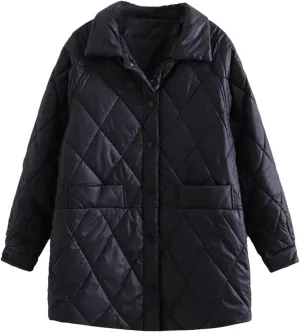 Women Autumn Winter Cotton Padded Jacket Korean Lapel Loose Diamond Plaid Mid-Length Cotton Coats Outerwear