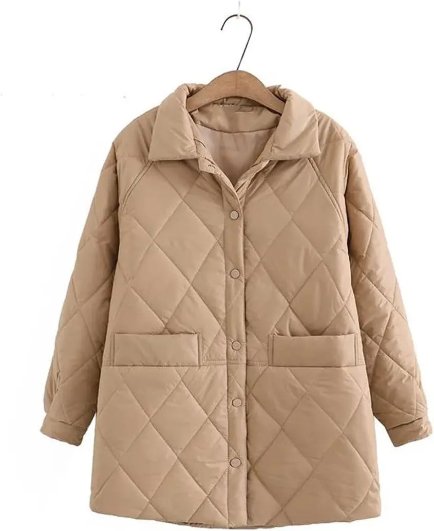 Women Autumn Winter Cotton Padded Jacket Korean Lapel Loose Diamond Plaid Mid-Length Cotton Coats Outerwear