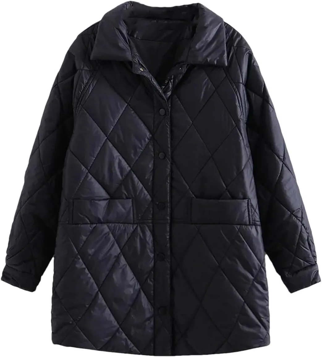 Women Autumn Winter Cotton Padded Jacket Korean Lapel Loose Diamond Plaid Mid-Length Cotton Coats Outerwear