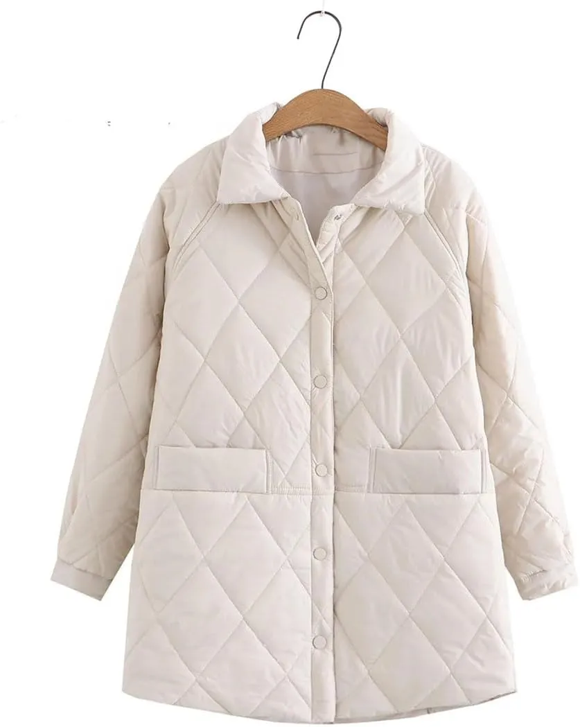 Women Autumn Winter Cotton Padded Jacket Korean Lapel Loose Diamond Plaid Mid-Length Cotton Coats Outerwear