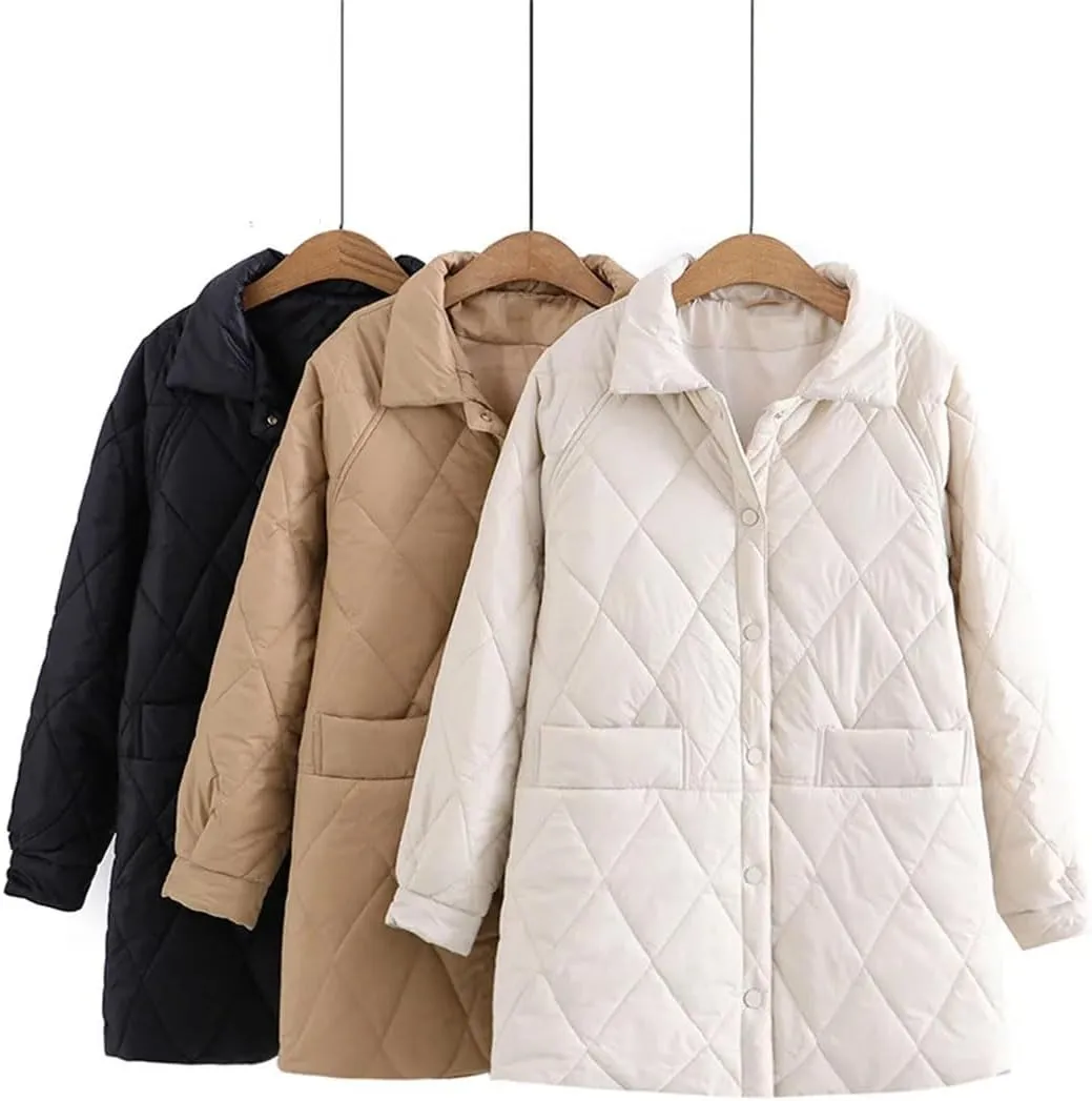Women Autumn Winter Cotton Padded Jacket Korean Lapel Loose Diamond Plaid Mid-Length Cotton Coats Outerwear