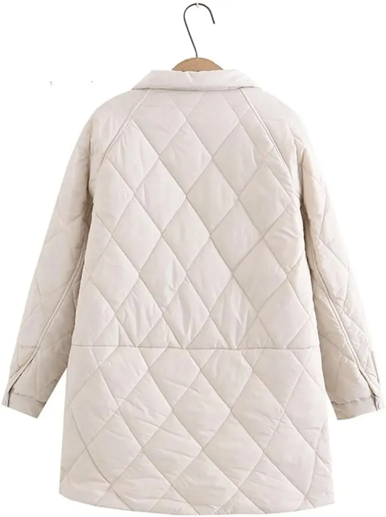 Women Autumn Winter Cotton Padded Jacket Korean Lapel Loose Diamond Plaid Mid-Length Cotton Coats Outerwear