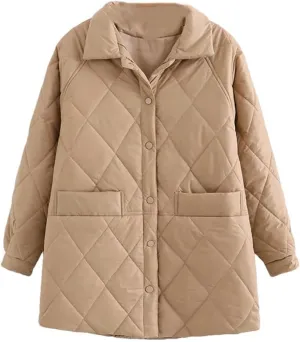 Women Autumn Winter Cotton Padded Jacket Korean Lapel Loose Diamond Plaid Mid-Length Cotton Coats Outerwear
