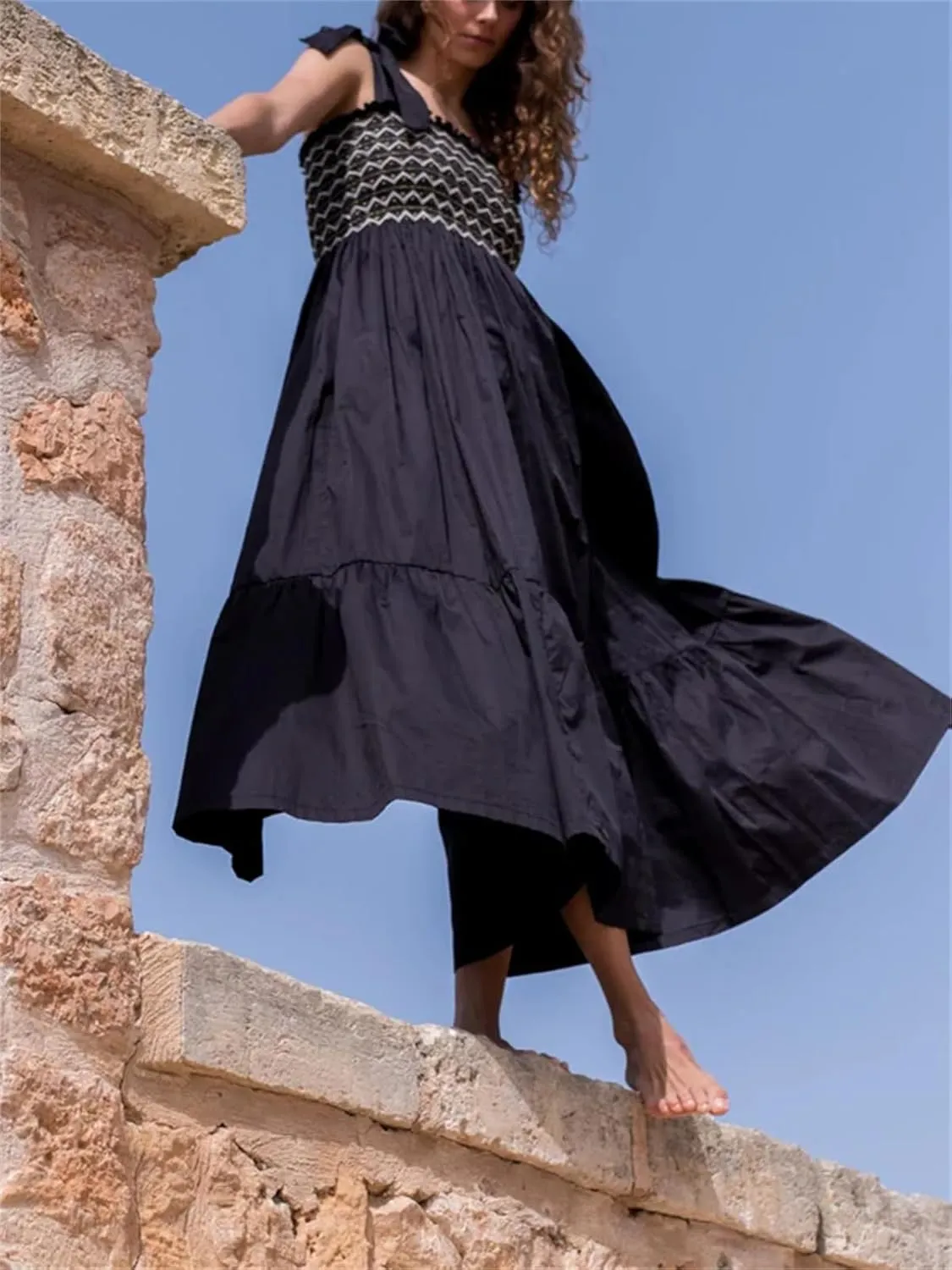 Women Boho Smocked Maxi Dress Bow Tie Shoulder Ruched Bust Backless Flowy Long Dresses Summer Casual Beach Sundress