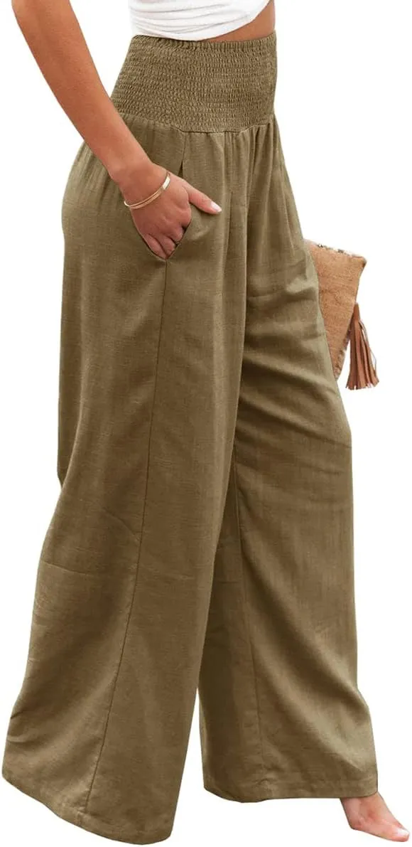 Women Cotton Linen Pants Loose Beach Elastic High Waist Casual Wide Leg Palazzo Yoga Lounge Trousers with Pockets
