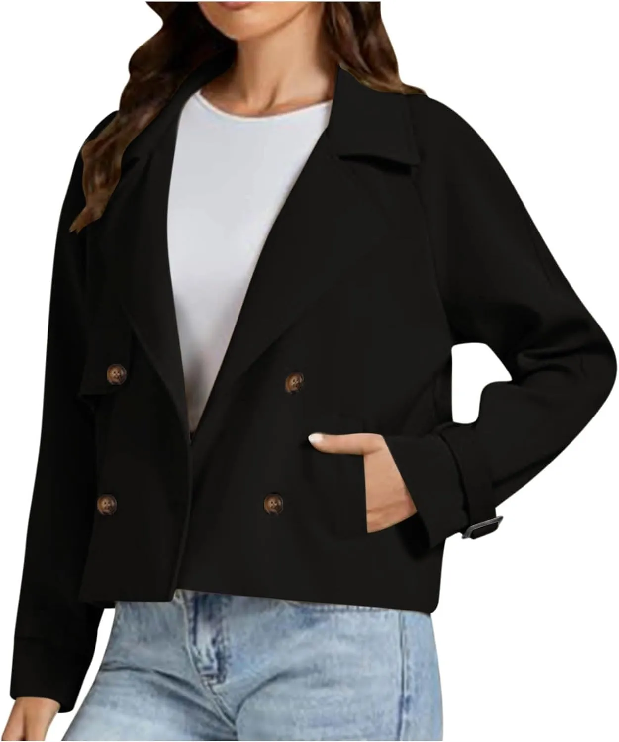 Women Crop Double Breasted Trench Coat Raglan Sleeve Work Office Cropped Jacket With Pockets Fashion Fall Jackets