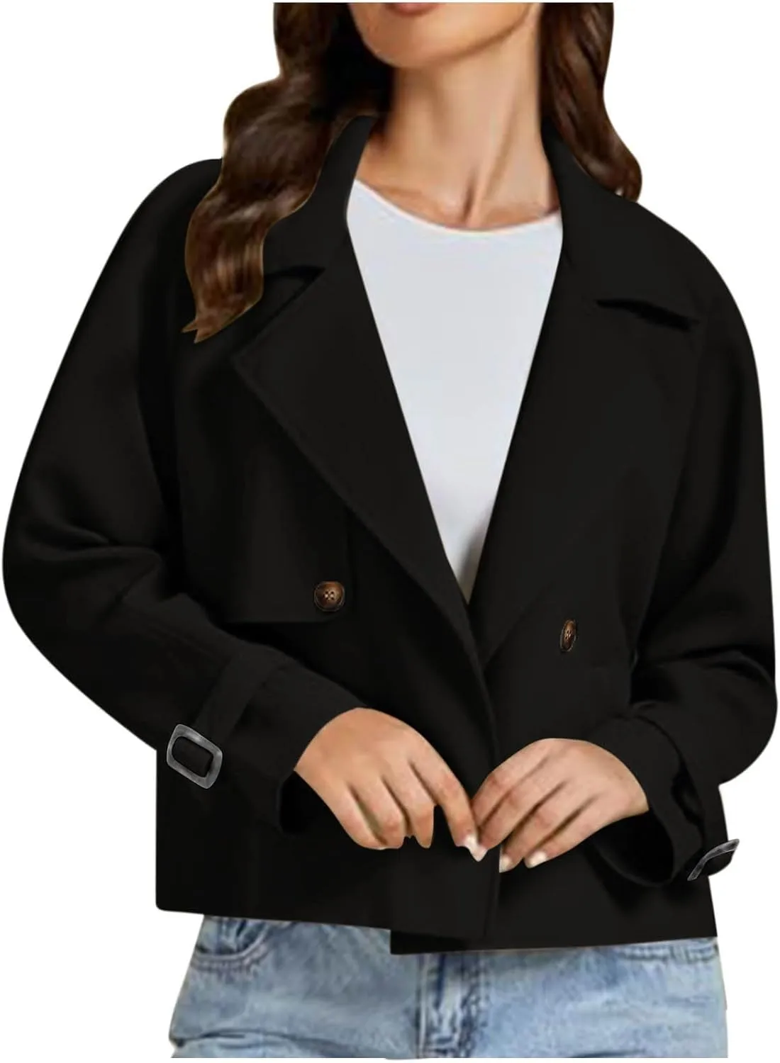 Women Crop Double Breasted Trench Coat Raglan Sleeve Work Office Cropped Jacket With Pockets Fashion Fall Jackets