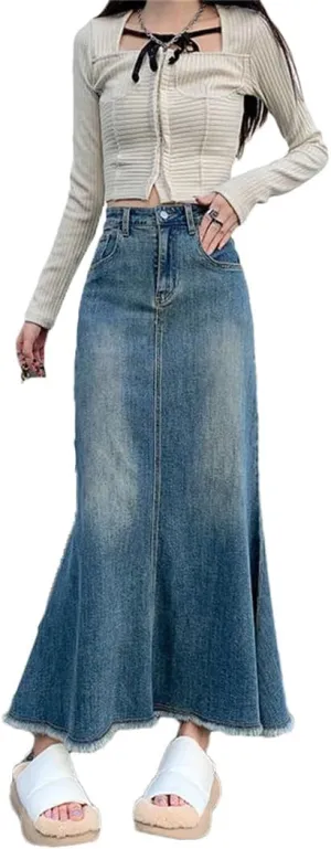 Women Fashion Spring Vintage Do Old Midi Denim Skirt High Waisted Trumpet A Line Skirts
