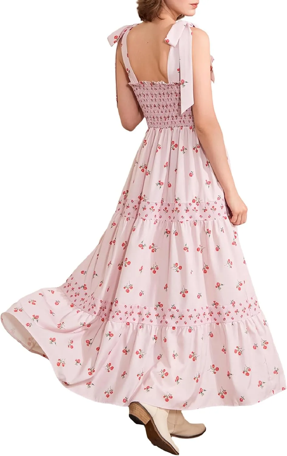 Women Floral Long Dress Boho Tie Shoulder Flowy Sundress Sleeveless Backless Maxi Dress Summer Holiday Beachwear