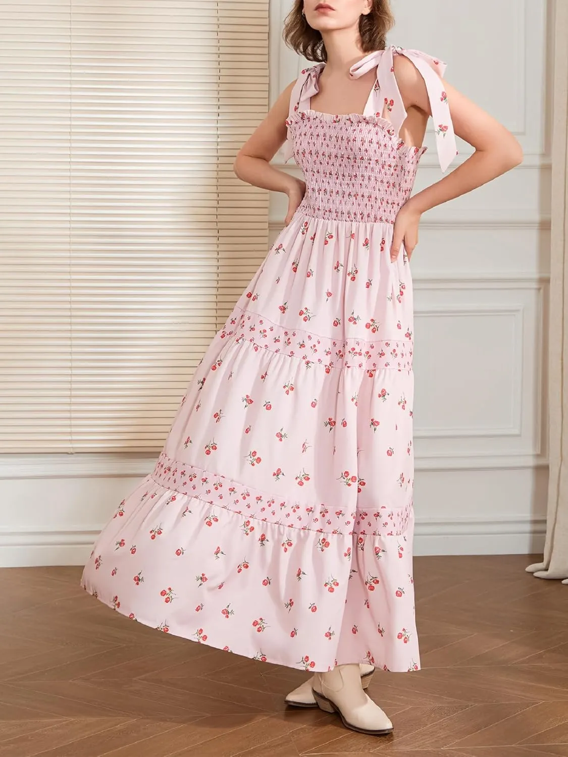 Women Floral Long Dress Boho Tie Shoulder Flowy Sundress Sleeveless Backless Maxi Dress Summer Holiday Beachwear