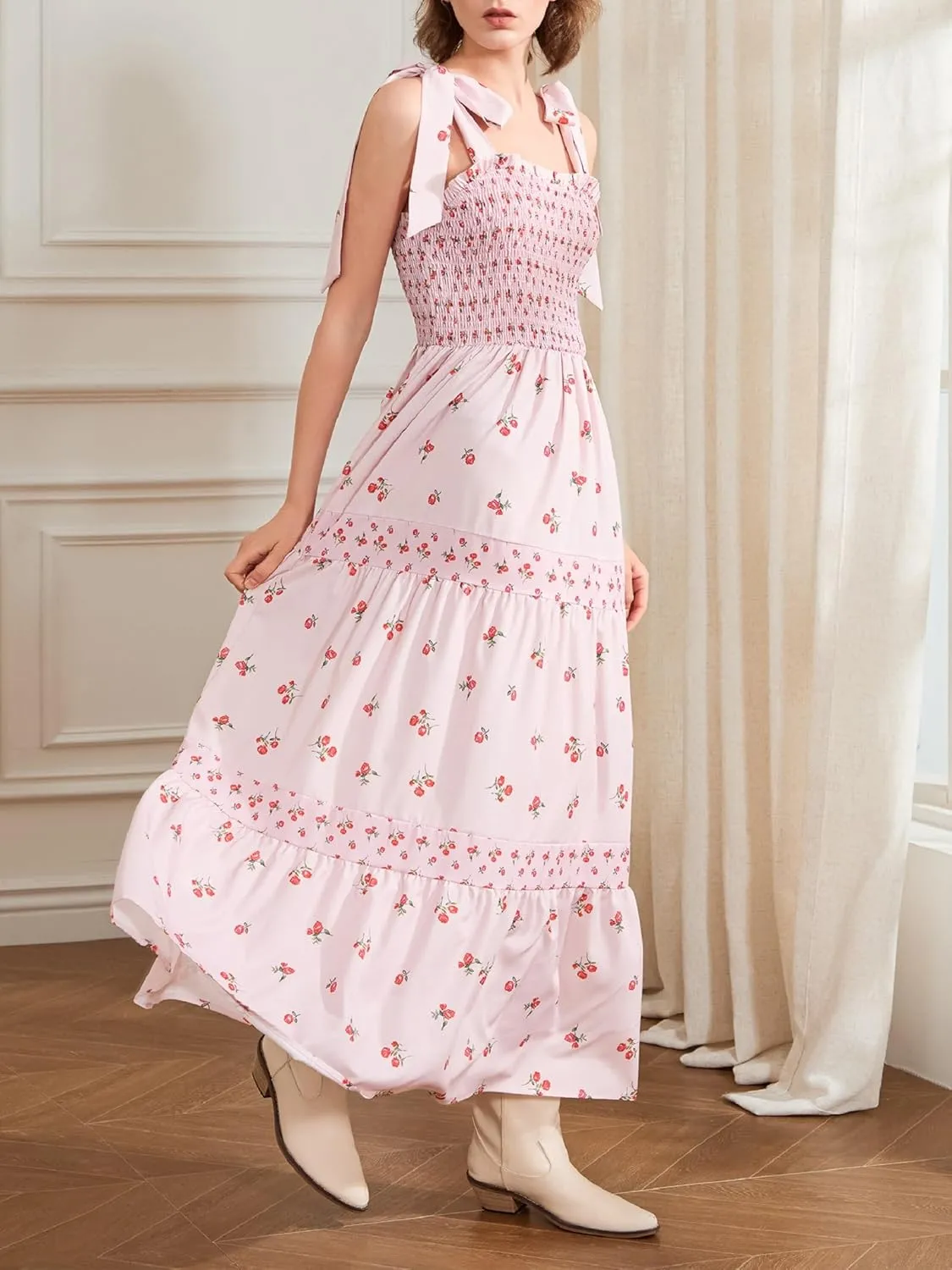 Women Floral Long Dress Boho Tie Shoulder Flowy Sundress Sleeveless Backless Maxi Dress Summer Holiday Beachwear