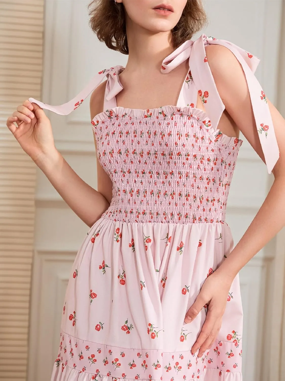 Women Floral Long Dress Boho Tie Shoulder Flowy Sundress Sleeveless Backless Maxi Dress Summer Holiday Beachwear