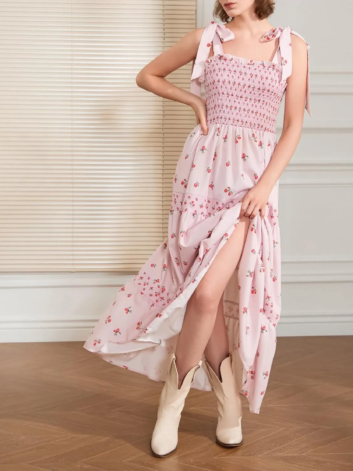 Women Floral Long Dress Boho Tie Shoulder Flowy Sundress Sleeveless Backless Maxi Dress Summer Holiday Beachwear