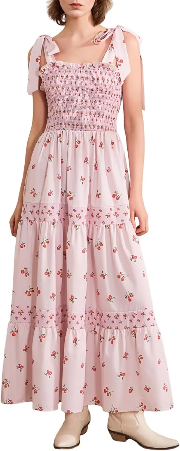 Women Floral Long Dress Boho Tie Shoulder Flowy Sundress Sleeveless Backless Maxi Dress Summer Holiday Beachwear