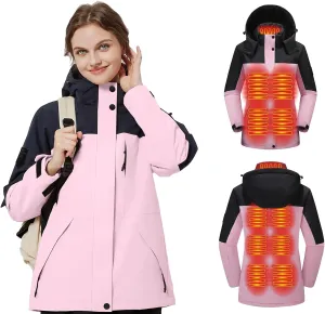 Women Heated Jackets Detachable Hood, Lightweight Waterproof Zip Winter Fleece Coat-11 Heating Zones/No Battery