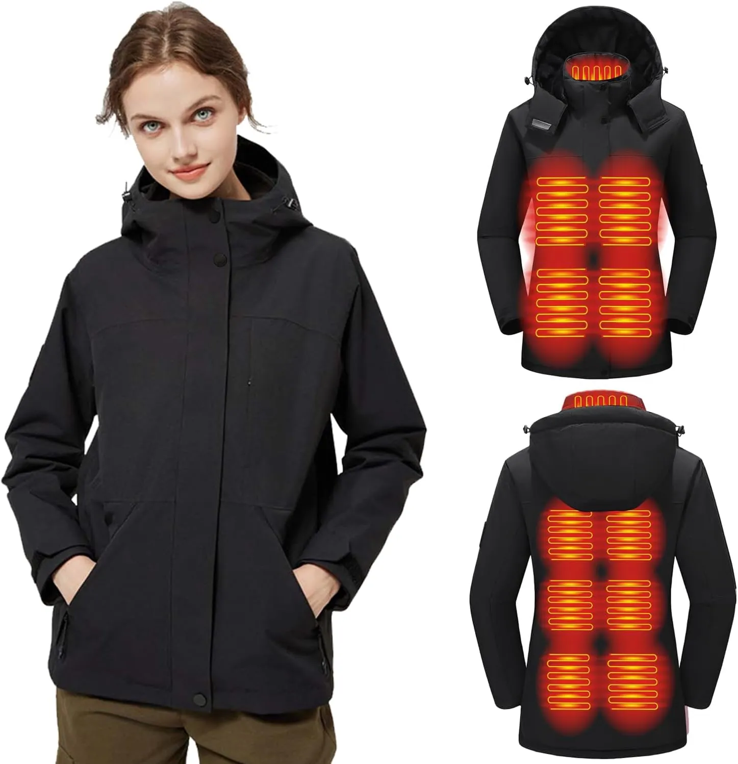Women Heated Jackets Detachable Hood, Lightweight Waterproof Zip Winter Fleece Coat-11 Heating Zones/No Battery
