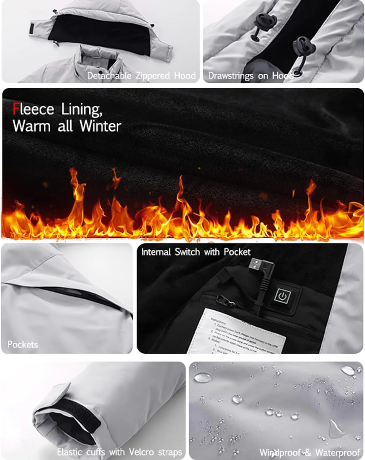 Women Heated Jackets Detachable Hood, Lightweight Waterproof Zip Winter Fleece Coat-11 Heating Zones/No Battery