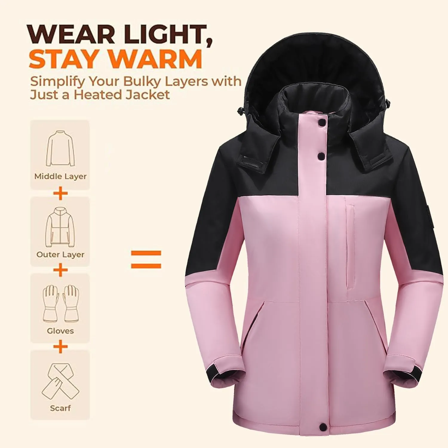 Women Heated Jackets Detachable Hood, Lightweight Waterproof Zip Winter Fleece Coat-11 Heating Zones/No Battery