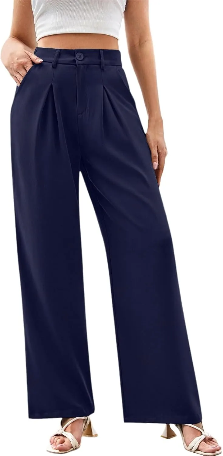 Women High Waist Business Casual Palazzo Trousers Button Down Loose Work Office Business Dress Pants Suit Pant